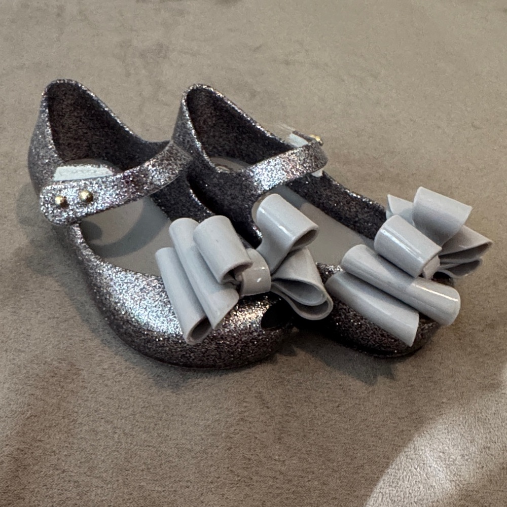 Mini Melissa Glitter Bow Gray Kids Shoes Sz 7
